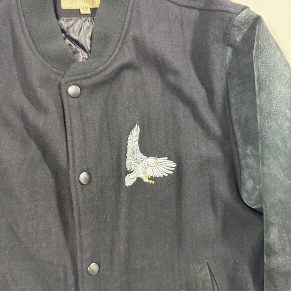 Vtg Varsity Bomber Jacket Eagle Embroidered Black Suede Wool 42 44 L Y2K Retro - Picture 10 of 14